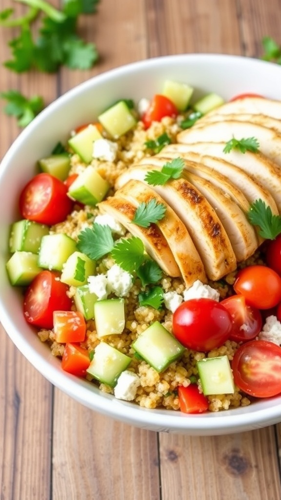A colorful quinoa chicken Greek salad with cucumbers, tomatoes, feta cheese, and grilled chicken on a rustic table.